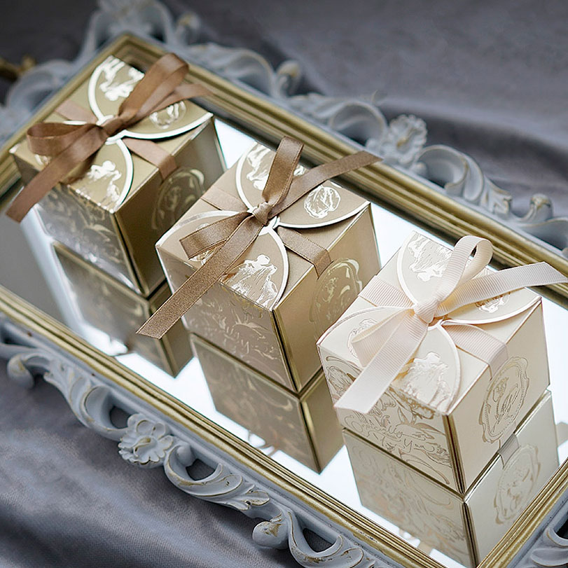 Wedding Favor Box - 리본이 달린 사각 종이 선물 상자,
